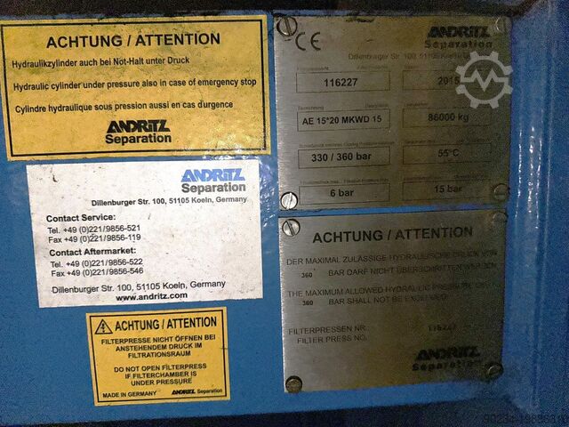 Used Andritz model AE15*20MKWD15 801sqmt Polypropylene Membrane filter press ANDRITZ AE 15*20MKWD 15