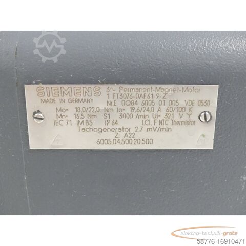 Siemens motor Siemens 1FT3076-0AF61 - 9 - Z Permanent-Magnet-Motor SN:E0Q84600501005
