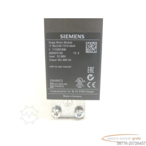 Componente Siemens Siemens 6SL3120-1TE15-0AA4 Single Motor Module Version: B SN:T-FO6013590