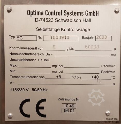 Kontinuální váha dopravní pásová váha Optima/WIPOTEC-OCS 1390-750-1500