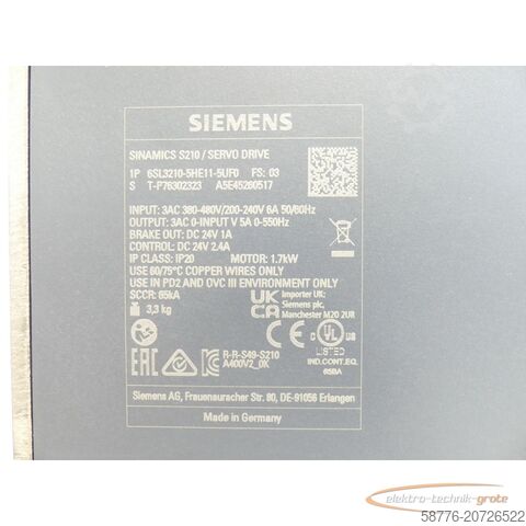 Componente Siemens Siemens 6SL3210-5HE11--5UF0 SINAMICS S210 SN:T-P76302323 - ! -