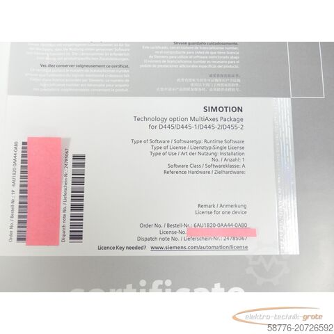 Component Siemens certificate 6AU1820-0AA44-0AB0 for D445/D445-1/D445-2/D455-2 ung.