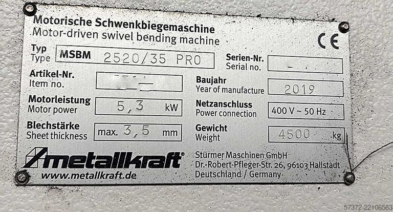 Lemezmegmunkáló hajlítógép Metallkraft MSBM 2520/35 Pro