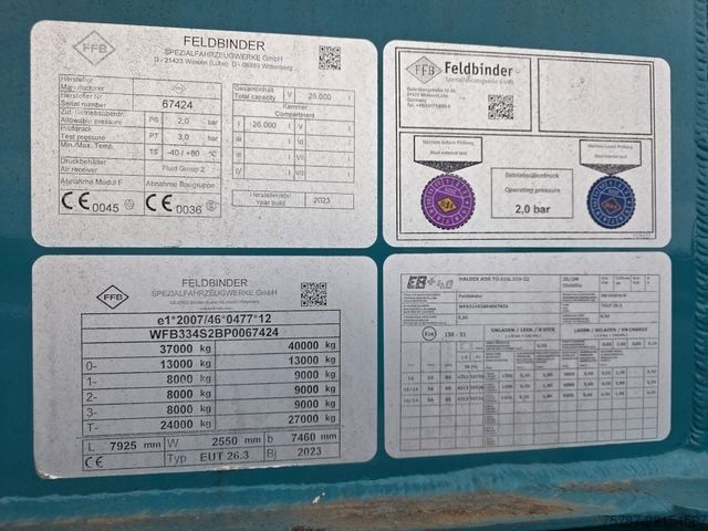 Poluprikolica cisterna FELDBINDER 26TL liegendes Euter, 2 x Befüllung, Schwallwand