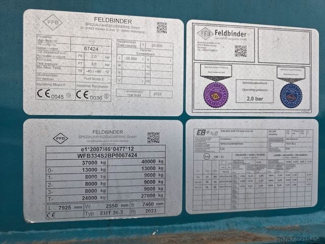 Poluprikolica cisterna FELDBINDER 26TL liegendes Euter, 2 x Befüllung, Schwallwand