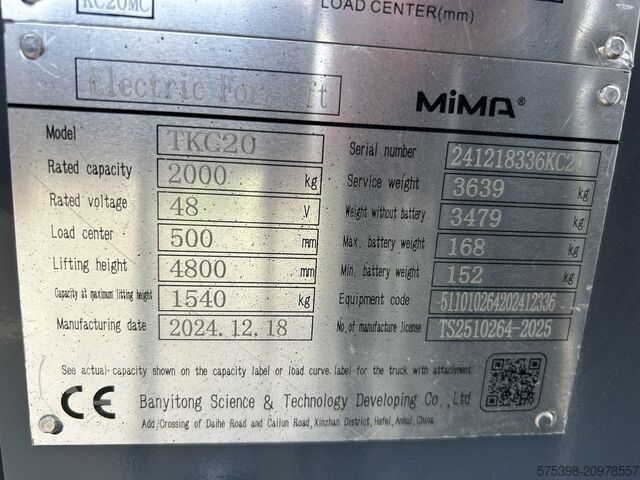 3 kerekű, 2 tonnás targonca, oldalsó eltolással, lítium akkumulátor, ujjhegy-vezérlés Mima TKC20