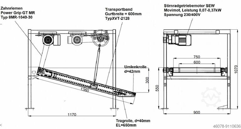 Klapband transportband met wissel Lippert 1360-750-600