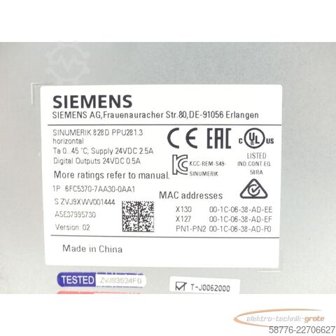 Składnik Siemens 6FC5370-7AA30-0AA1 SINUMERIK 828D PPU28 1.3 Version 02 SN ZVJ9XWV001444