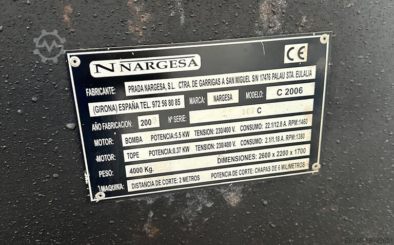 Hydraulische guillotineschaar Nargesa Cizalla Hidraulica 2mts x 6 mm