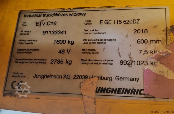 Reach Trucks Jungheinrich ETV C16 / 2018y/ 6586mh/ 6.2m