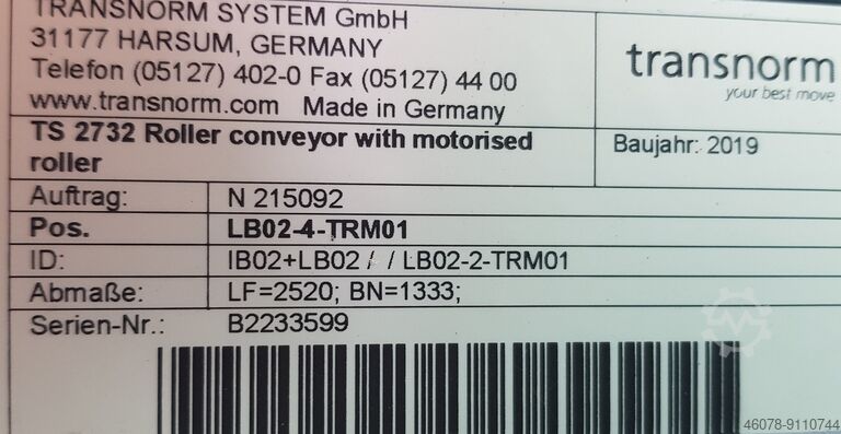 Staurollenbahn Rollenförderer Transnorm TS 2732 24V 2520-1430-1333
