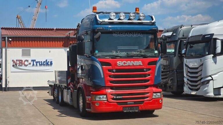 Camión de plataforma SCANIA R 490 * RETARDER * FASSI 14 M * LENK/LIFTACHSE *
