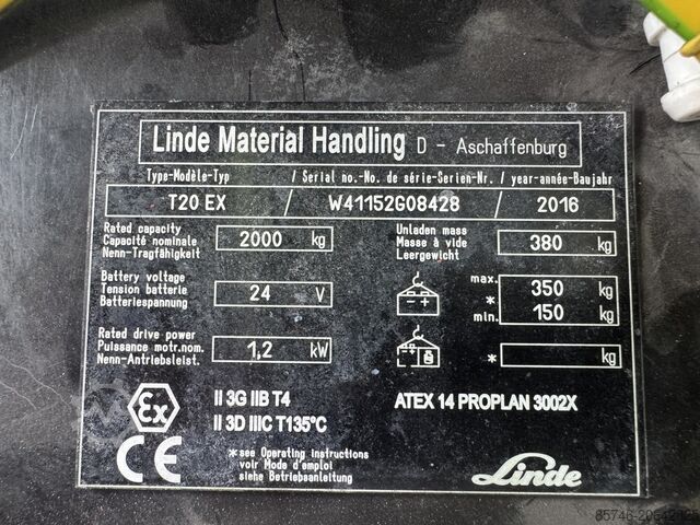 T 20 * ΕΠΙΔΕΙΞΗ !! Atex Proplan EX 3GD / Ζώνη 2 & 22 !! Κεκλιμένες πιρούνες !! ΝΕΑ μπαταρία !! LINDE T 20 * DEMO !! Atex Proplan EX 3GD / Zone 2 & 22 !! Tilting Forks !! NEW battery !!