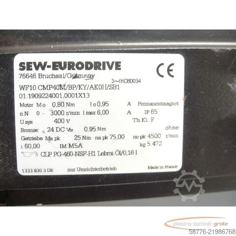 Besturingsunit SEW Eurodrive SEW WF10 CMP40M/BP/KY/AK0H/SB1 Schneckengetriebemotor SN 01.1909224001.0001X13