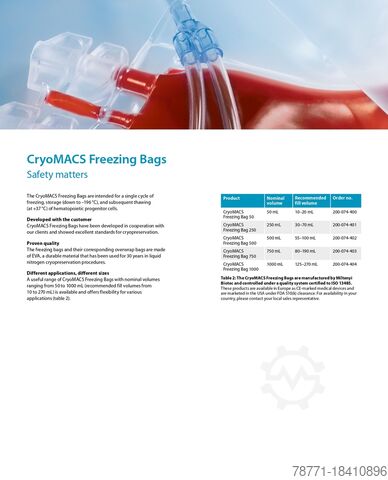 200-074-400 vervalt op 2026.01.09 Miltenyi Biotec CryoMACS Freezing Bag 50