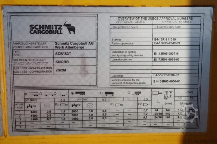 Posuvné plachty Schmitz Cargobull SCB3ST CoC Documents, TuV Loading Certificate, Dut