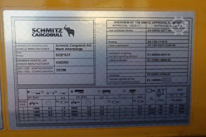Posuvné plachty Schmitz Cargobull SCB3ST CoC Documents, TuV Loading Certificate, Dut