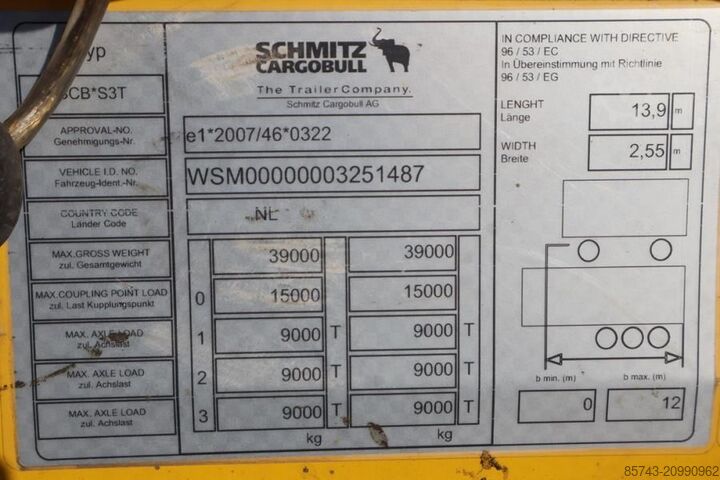 Posuvné plachty Schmitz Cargobull SCB3ST CoC Documents, TuV Loading Certificate, Dut