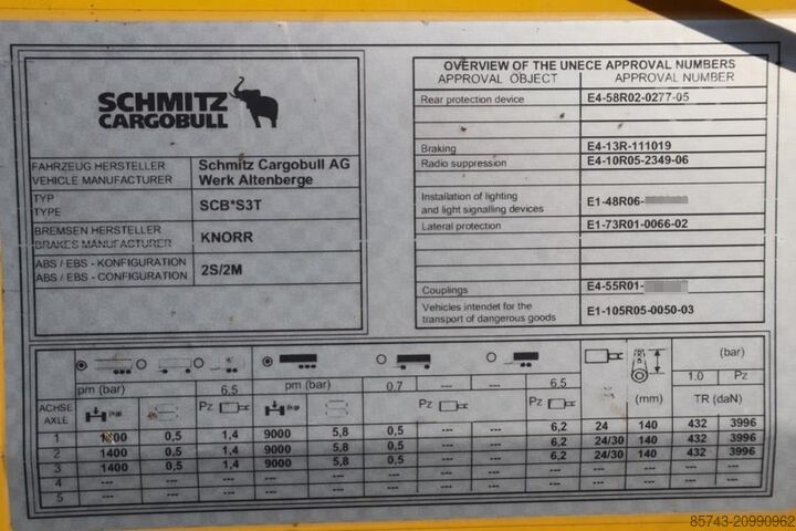 Posuvné plachty Schmitz Cargobull SCB3ST CoC Documents, TuV Loading Certificate, Dut