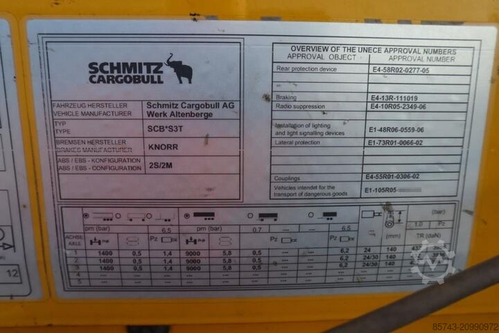 Posuvné plachty Schmitz Cargobull SCB3ST CoC Documents, TuV Loading Certificate, Dut