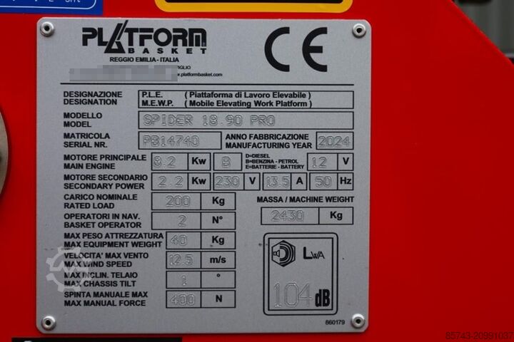 Przegubowa teleskopowa platforma robocza Platform Basket Spider 18.90 PRO CE Declaration, Valid inspection,