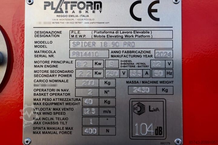 Przegubowa teleskopowa platforma robocza Platform Basket Spider 18.90 PRO CE Declaration, Valid inspection,