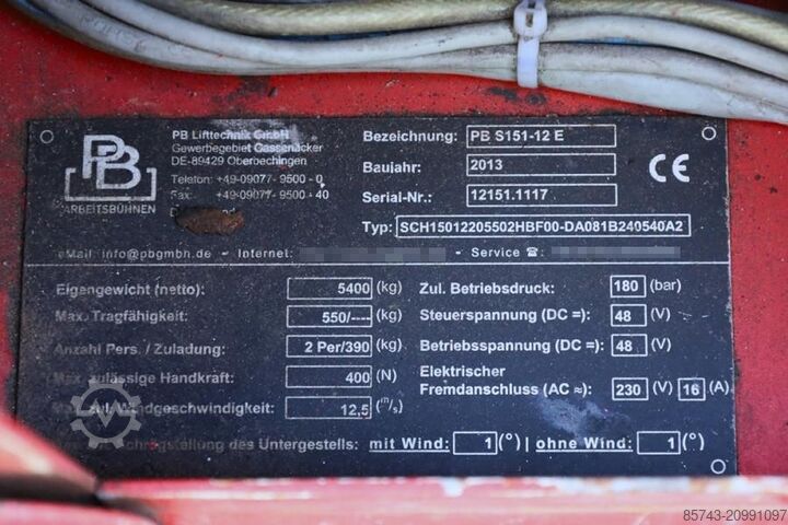 Schaarlift PB Lifttechnik S151-12E Electric, 15m Working Height, 550kg Capac