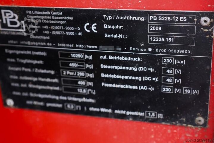 Schaarlift PB Lifttechnik S225-12ES Electric, 22.5m Working Height, 450kg Ca