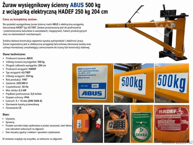 ABUS 500 kg, 204 cm met elektrische takel HADEF 250 kg ABUS 500 kg 204 cm z wciągarką elektryczną HADEF 250 kg ABUS 500 kg 204 cm z wciągarką elektryczną HADEF 250 kg