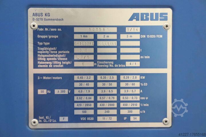 Crane chassis with electric wire rope hoist 3.2 to Abus GM1032FD