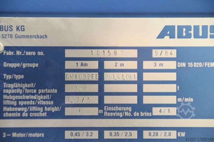 Crane chassis with electric wire rope hoist 3.2 to Abus GM1032FD