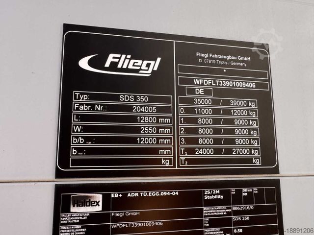 Alacsony rakfelületű félpótkocsi FLIEGL SDS 350 Schiebeplane+Verdeck XL SAF 20.900Km