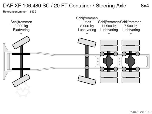 Standardni SZM DAF XF 480 H4KN3 / SC / 8x2 / 20FT Container chassi...