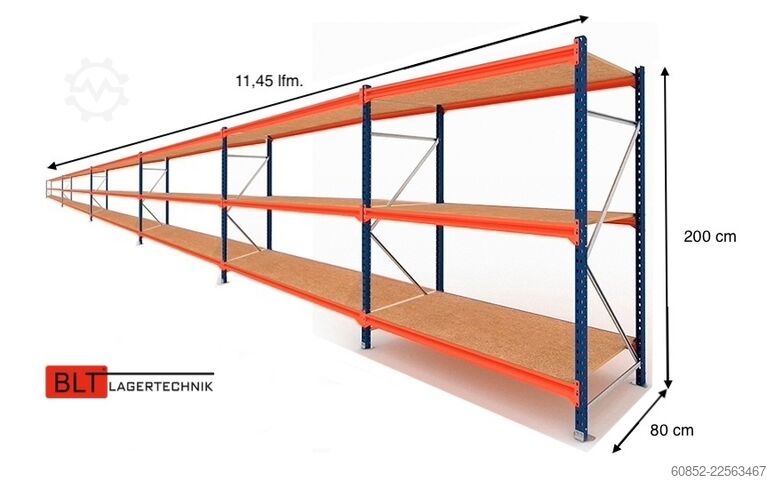 Regał magazynowy o szerokim rozstawie ca. 11,45 lfm. Weitspannregale H: 200 cm T: 80 cm , 400 kg Fachlast , 3 Ebenen