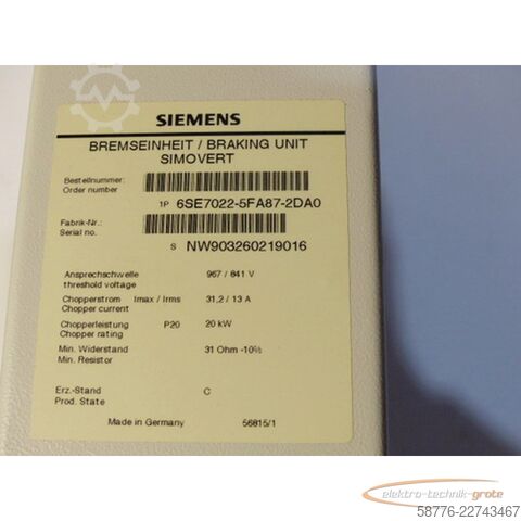 Komponent Siemens Simovert 6SE7022-5FA87-2DA0 Bremseinheit E Stand C -  - in geöffneter OVP
