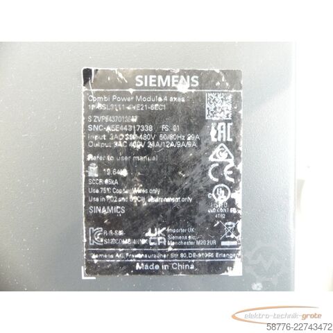 Komponent Siemens SINAMICS 6SL3111-4VE21-6EC1 SN: ZVPG4370136 generalüberholt mit 12 Monaten Gewährleistung! -