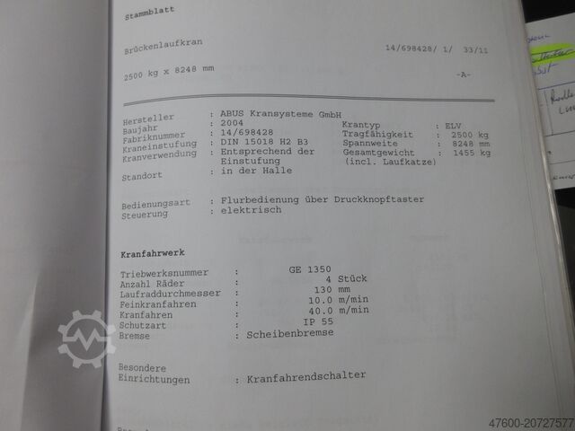 Crane runway crane, hall crane, track width 8248 mm ABUS Hallenkran Brückenkran Kran ELV 3,2 NL 3200Kg Portalkran Kran 8248mm 12Std