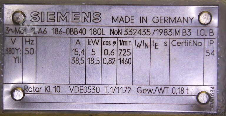 Elektromotor 5/18 kW 725/1460 ford./perc Siemens 1LA6 186-0BB40 180L