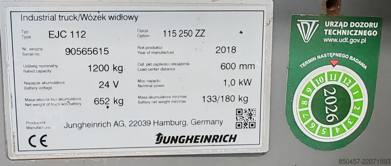 Palleløftere Jungheinrich EJC 112 LI ION 2.5m/ free lift/ 2051h