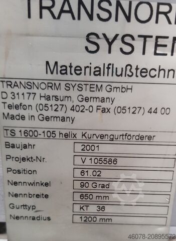 Transportador de curva de banda en espiral hacia la derecha Spiral Helix Transnorm 90°-750-650 IR1200 TS 1600-105