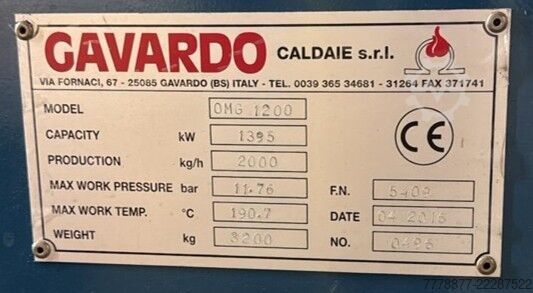 Wytwornia pary – 1395 kW – 2000 kg/h GAVARDO Caldaie S.r.l. OMG 1200