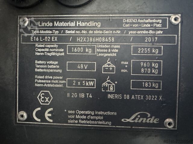 E 16 L - 386 / 02 Evo * Atex EX * Proplan 2G / Zone 1 !! NEW battery !! LINDE E 16 L - 386 / 02 Evo * Atex EX * Proplan 2G / Zone 1 !! NEW battery !!