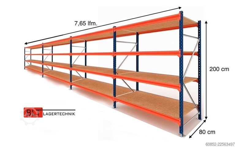 Bredspændt lagerrack ca. 7,65 lfm. Weitspannregale H: 200 cm T: 80 cm , 400 kg Fachlast , 4 Ebenen