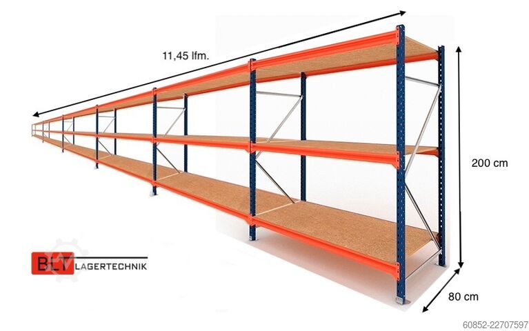 Regał magazynowy o szerokim rozstawie ca. 11,45 lfm. Weitspannregale H: 200 cm T: 80 cm , 400 kg Fachlast , 3 Ebenen