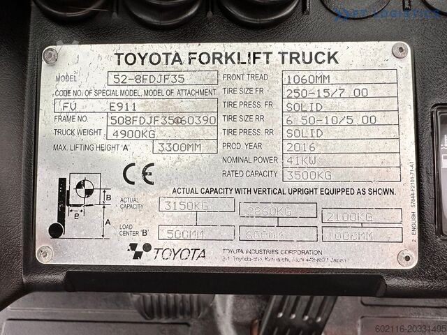 4-hjulig gaffeltruck Toyota 52-8FDJF35 / DIESEL / 2016 / 2096 HOURS