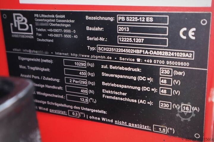 Elevador de tesoura PB LIFT S225-12ES Electric, 4x2 Drive, 22.5m Working