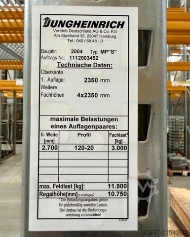 Zwaarlaststelling Jungheinrich Palettenregal Meta 2700kg 1175cm 1485PP