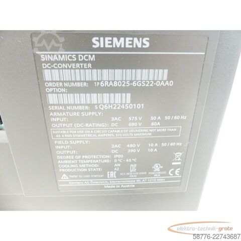 Componente Siemens Simens 6RA8025-6GS22-0AA0 SINAMICS DCM DC-Converter  SN: Q6H22450101