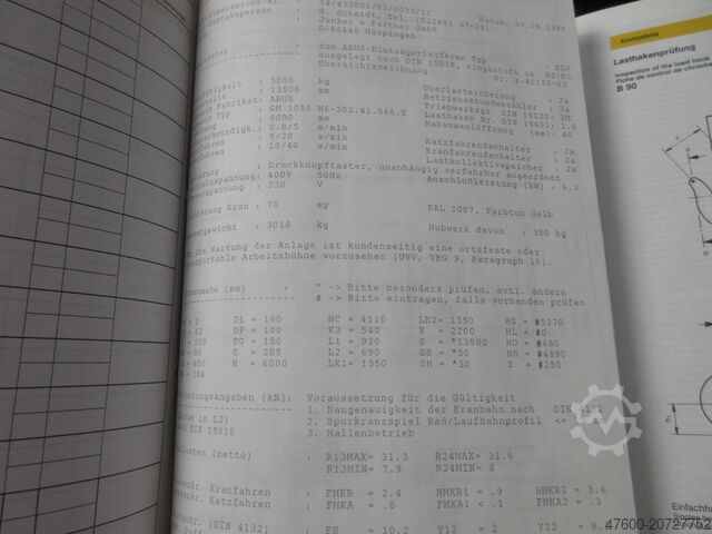 Crane runway crane, overhead travelling crane, track width 13,500 mm ABUS Hallenkran Brückenkran Kran ELV 5t NL 5000Kg Portalkran Kran 13500mm 131Std