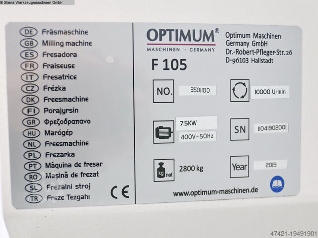 Machining Center - Vertical OPTIMUM OPTImill F 105 CNC